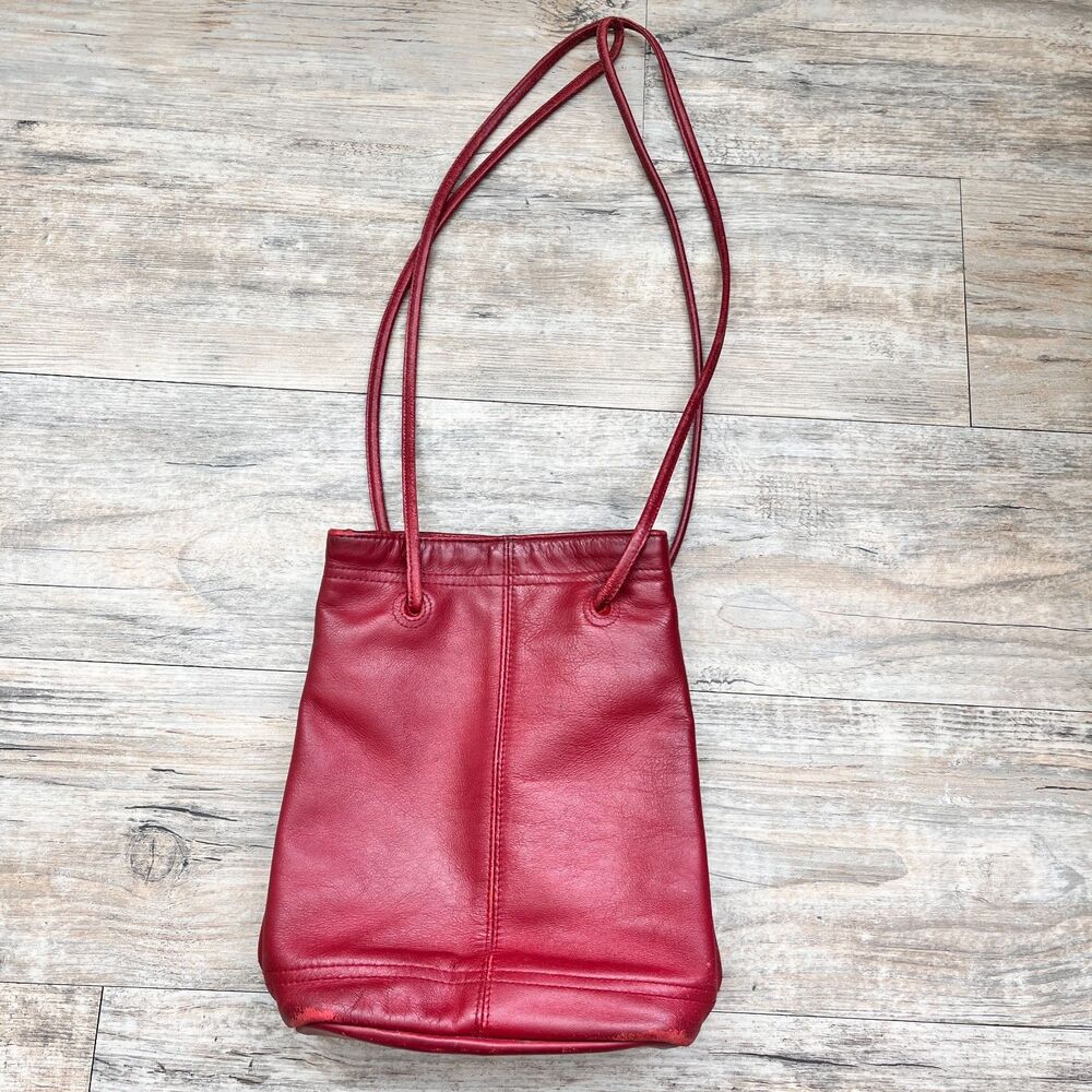 Albi Red Leather Bucket Bag Y2K Minimal Shoulder Purse Vintage Chic 90s